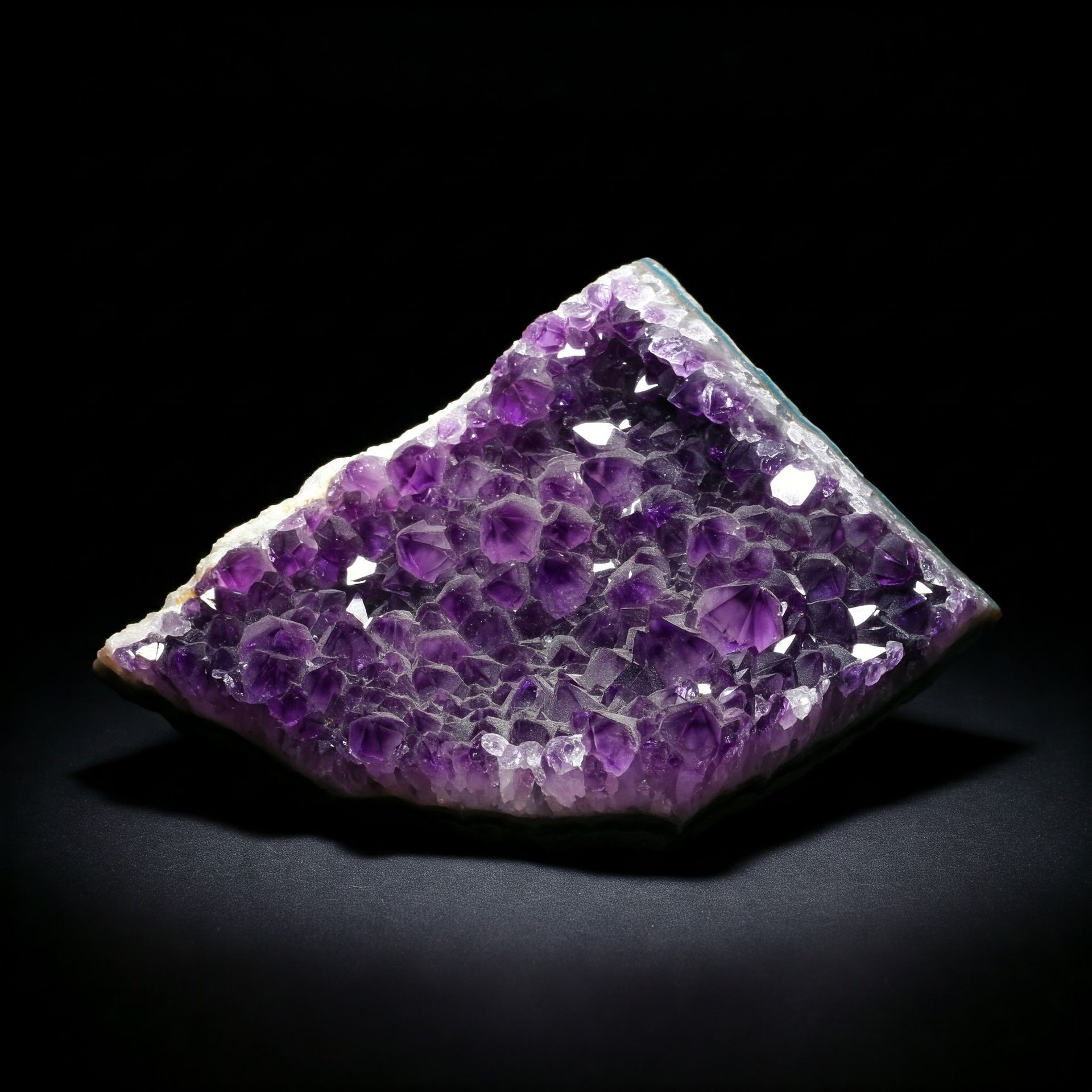 Close-up of a jagged amethyst geode with numerous purple crystals. Set against a dark background.