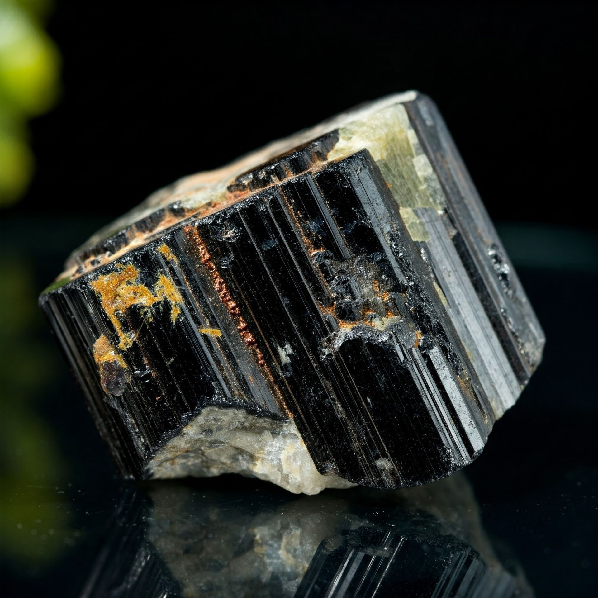 Black tourmaline crystal with vertical striations, resting on a light-colored matrix, against a dark reflective surface.