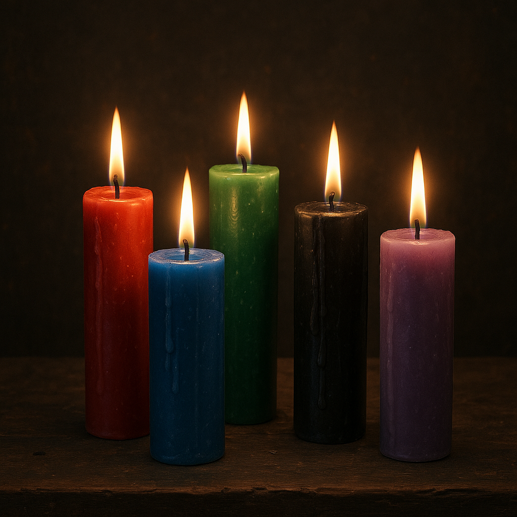 Five lit pillar candles: red, blue, green, black, and purple, on a dark wooden surface.