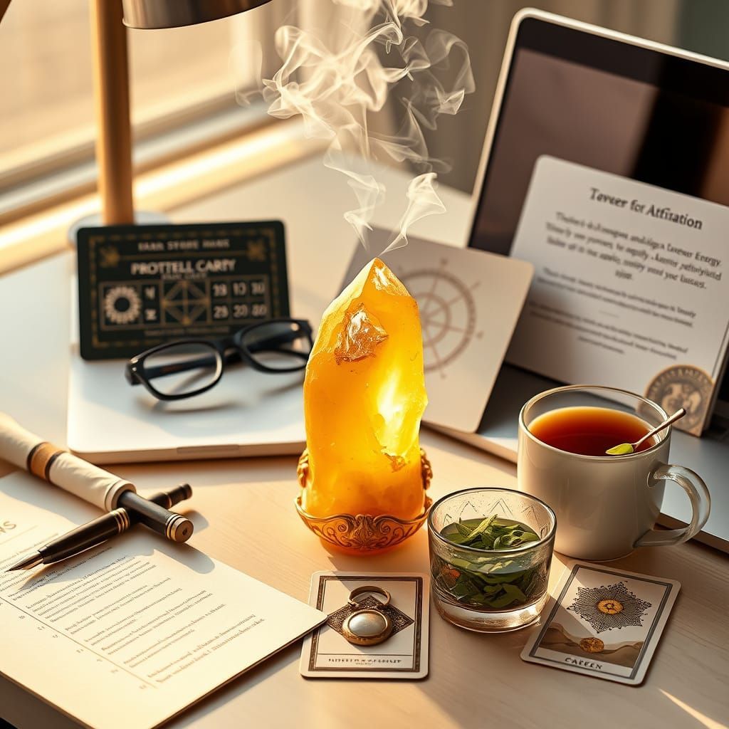 A desk with a candle , cup of tea , tarot cards , and a laptop.