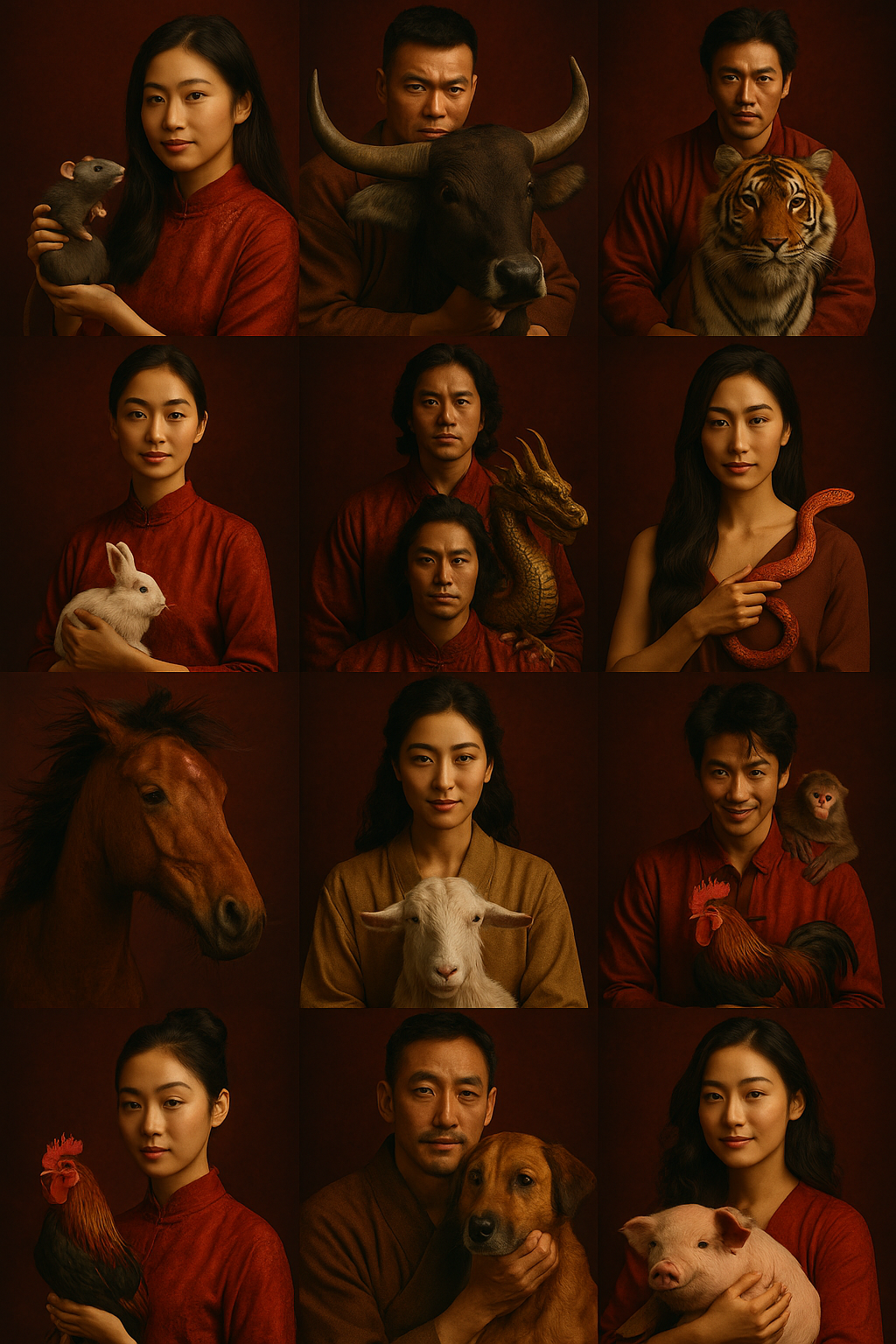 A grid of 12 people with corresponding animals representing the Chinese zodiac signs. Each person wears a red or brown outfit.