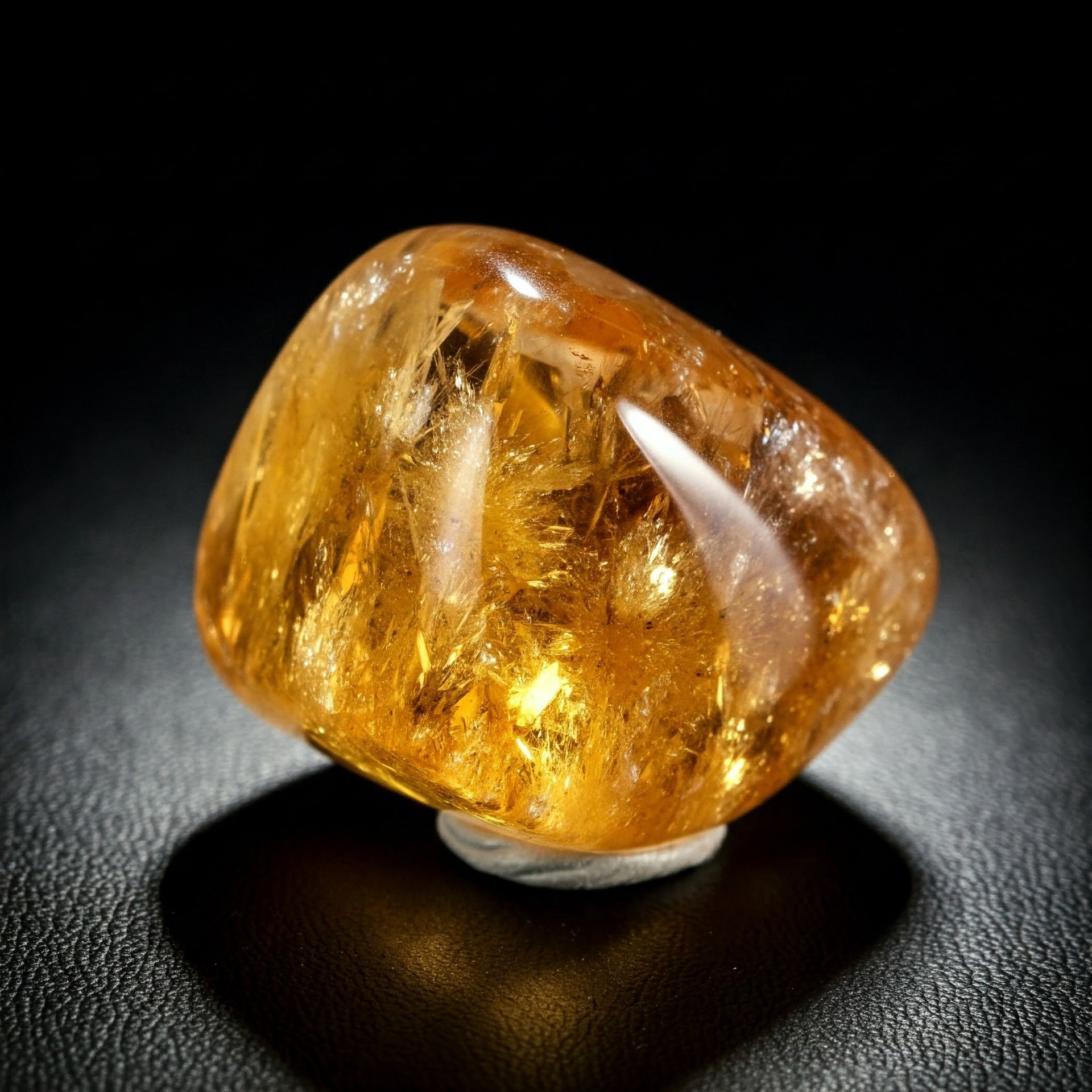 A golden-yellow, tumbled citrine gemstone on a dark, textured surface. The gem is rounded with a smooth, polished appearance.