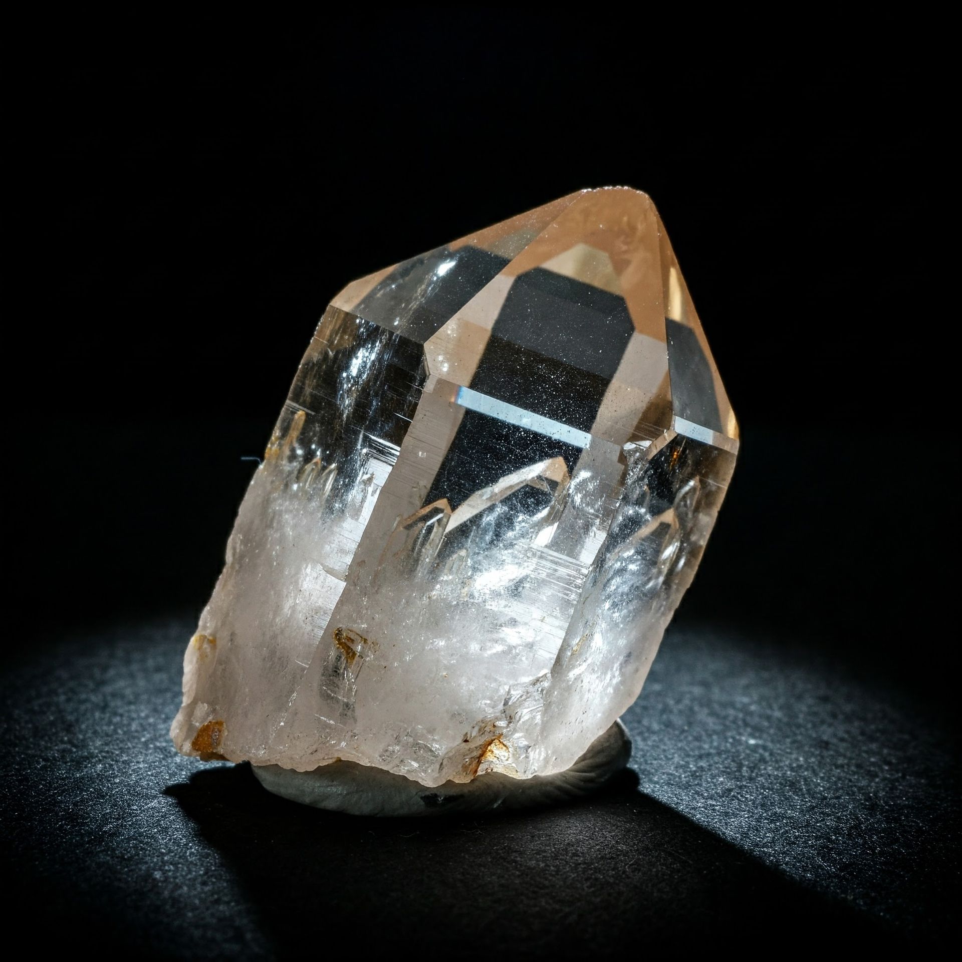 Clear, faceted quartz crystal on a dark surface, illuminated to highlight its internal clarity and shape.
