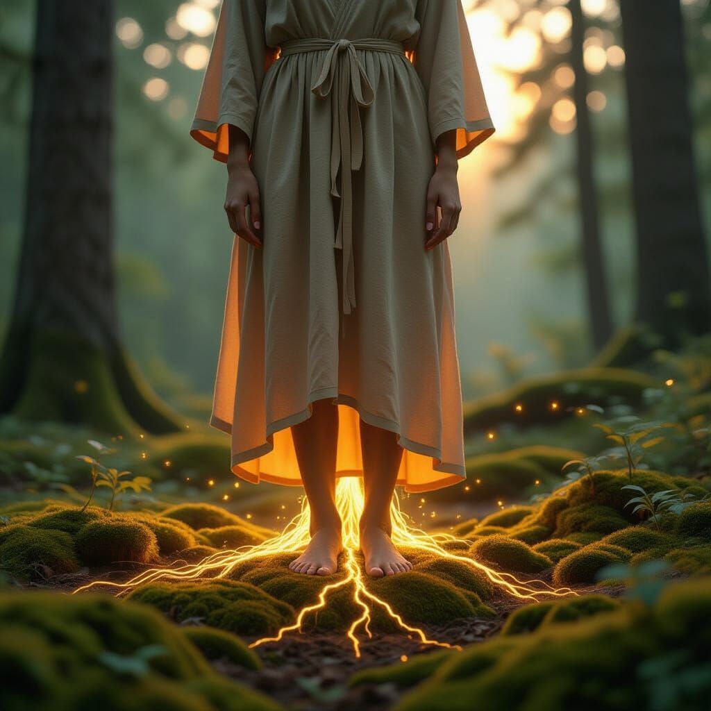 A woman in a dress is standing in the middle of a forest with lightning coming out of her feet.