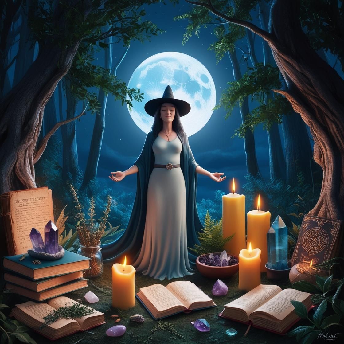 Witch with a full moon behind her
