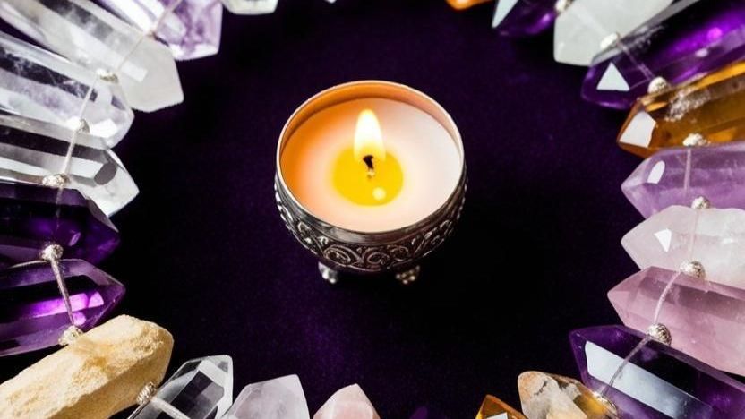 A lit candle in a decorative silver holder is surrounded by a circle of colorful crystals on a deep purple surface.