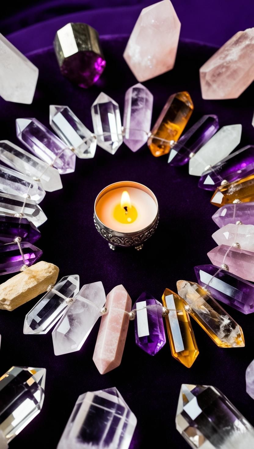 Candle burning in a circle of crystals on a purple velvet surface; various colors and shapes of crystals.