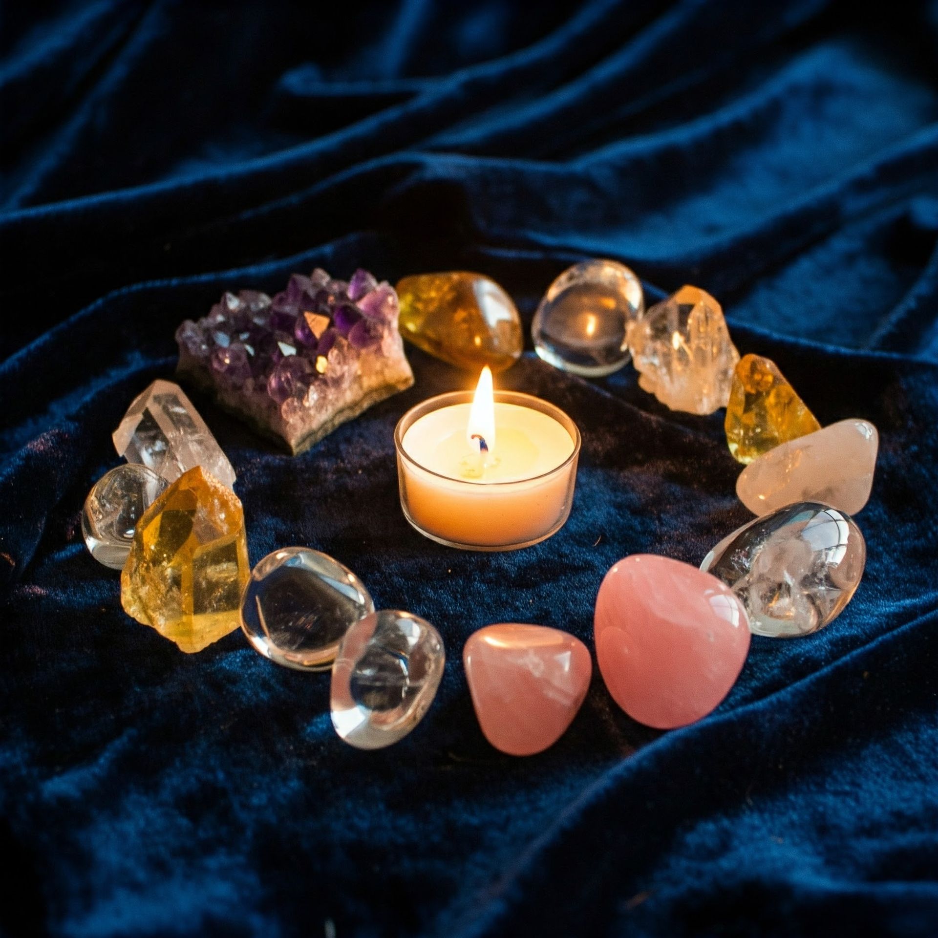 A lit candle surrounded by a circle of various colorful crystals on a dark blue velvet cloth.