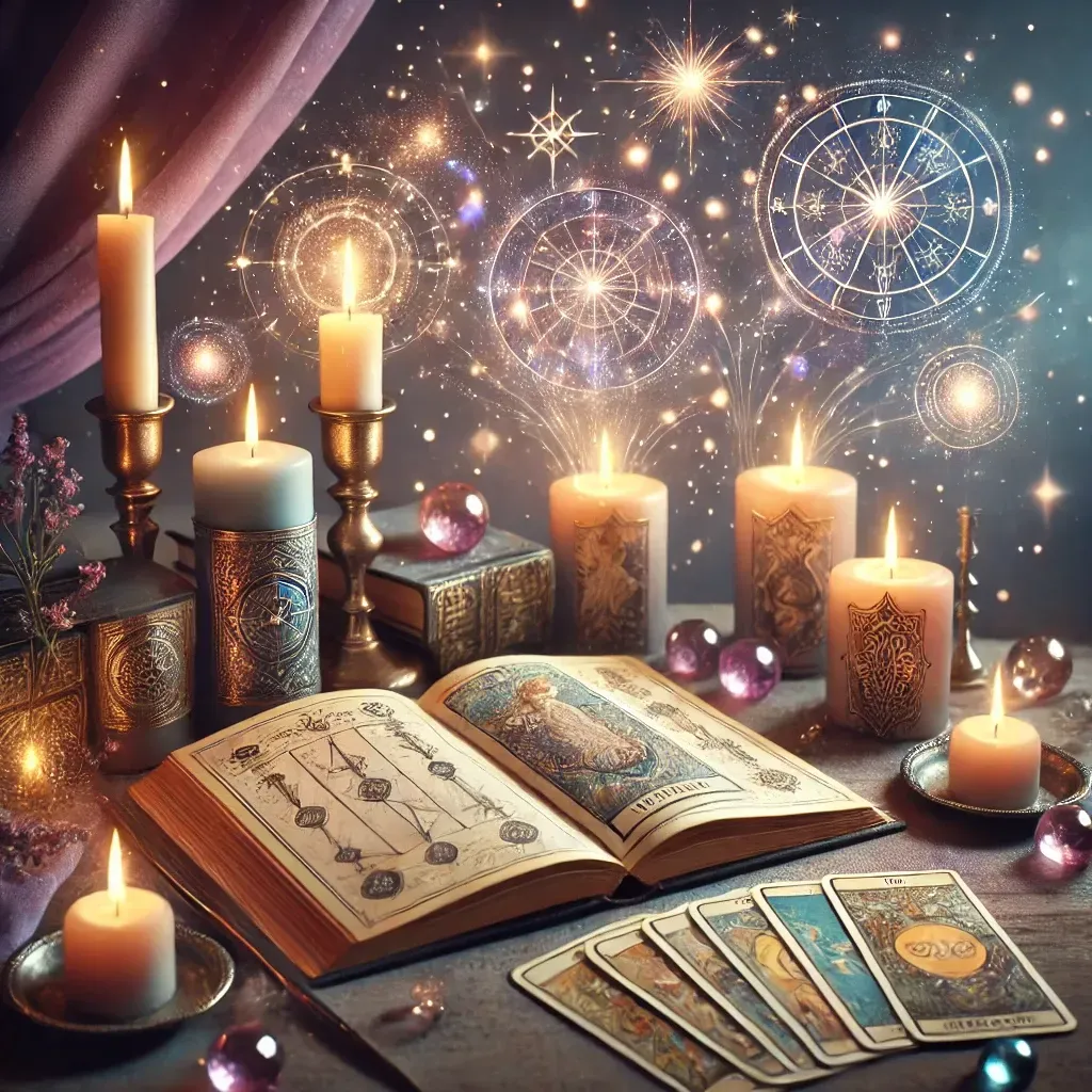 A mystical scene with lit candles, an open spell book, tarot cards, and sparkling constellations.