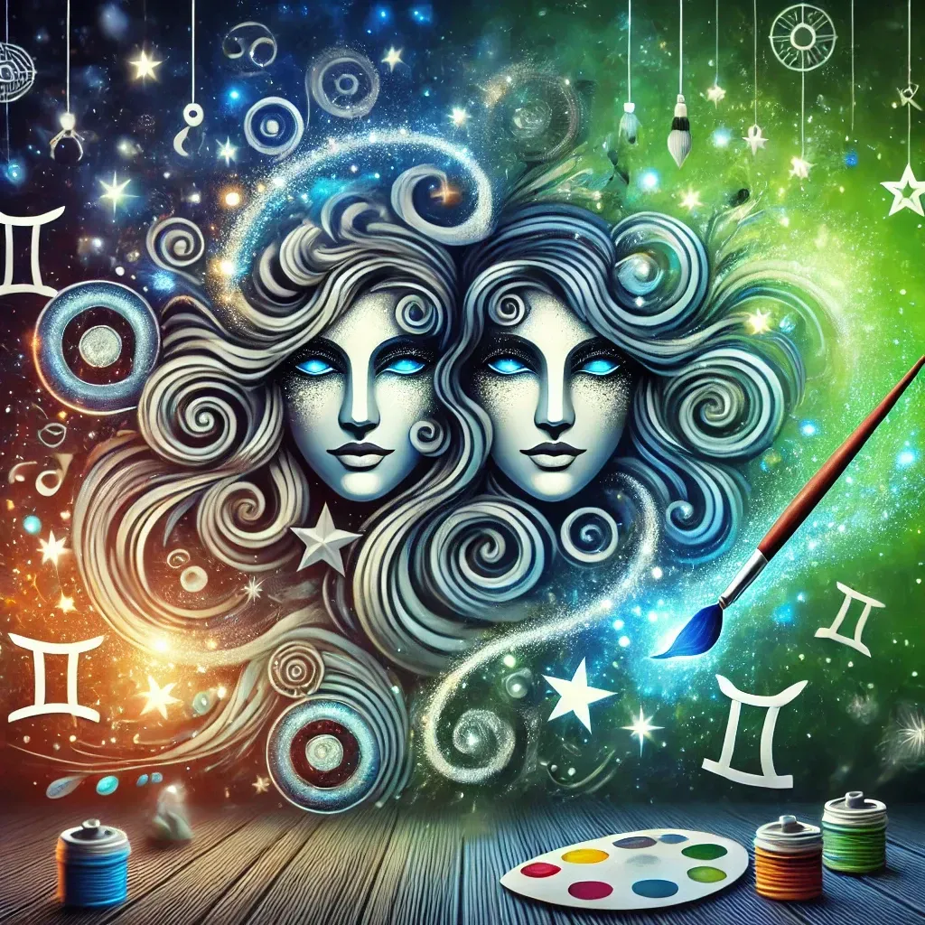 Two celestial women with flowing hair surrounded by stars and astrological symbols, one holding a paintbrush.