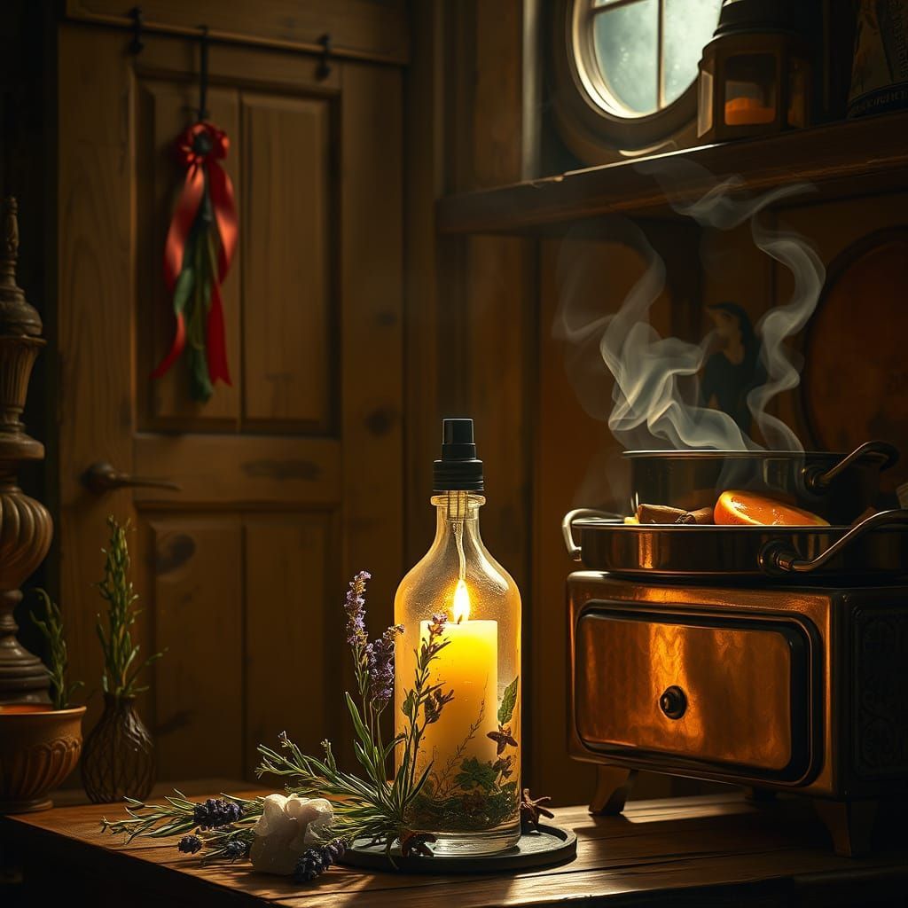 A candle is lit in a bottle on a table