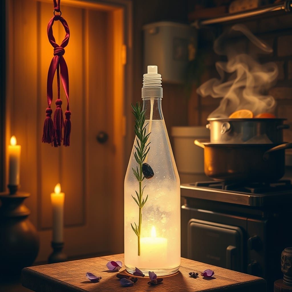 A bottle with a candle inside of it in a kitchen
