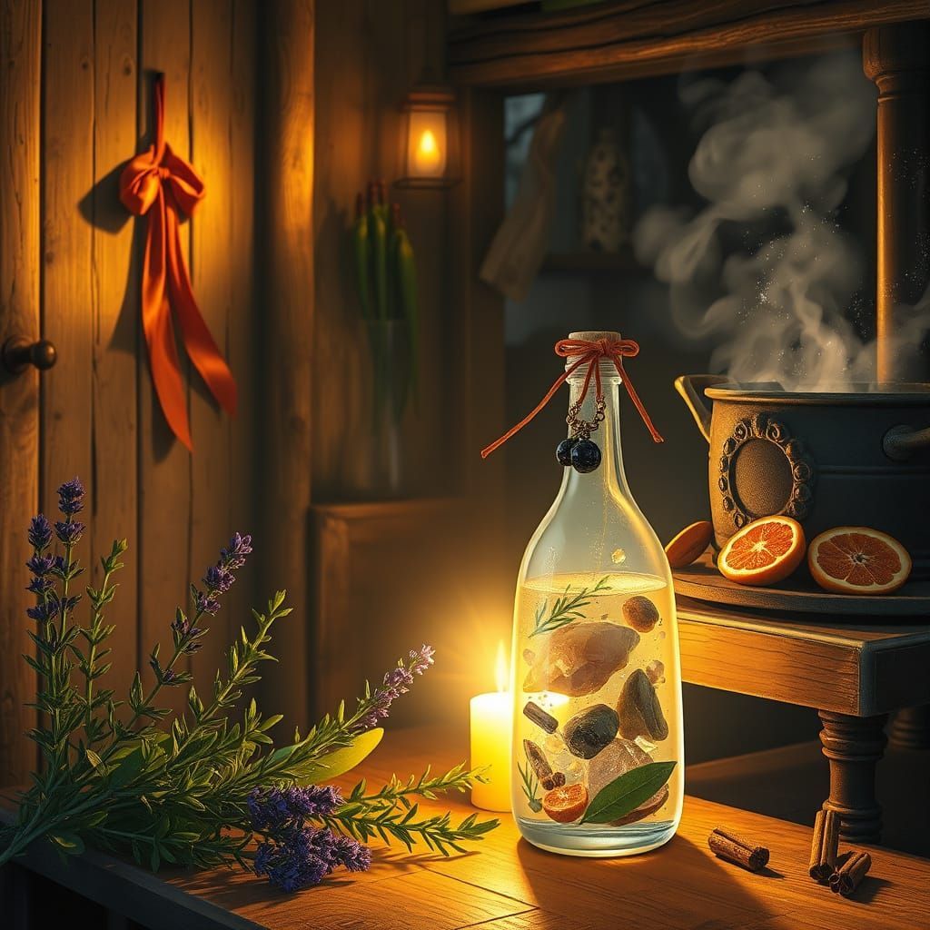 A bottle with fruit in it sits on a table next to a candle