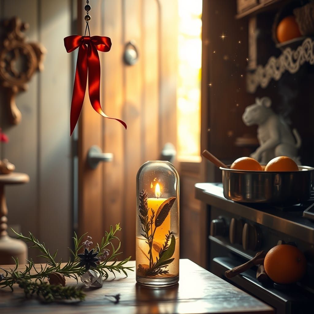 A candle in a glass dome is sitting on a table in a kitchen.