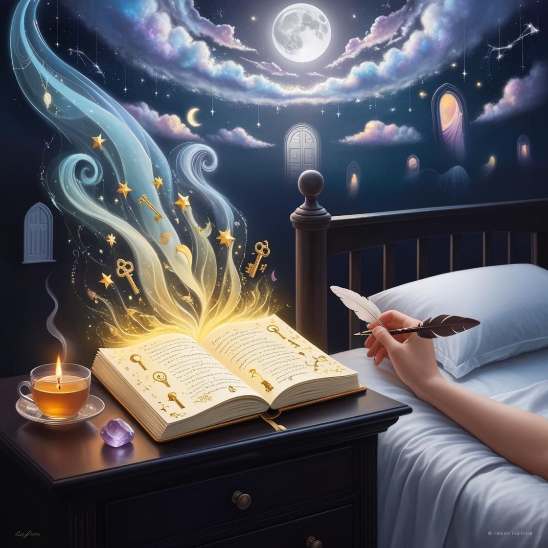 A painting of a person writing in a book
