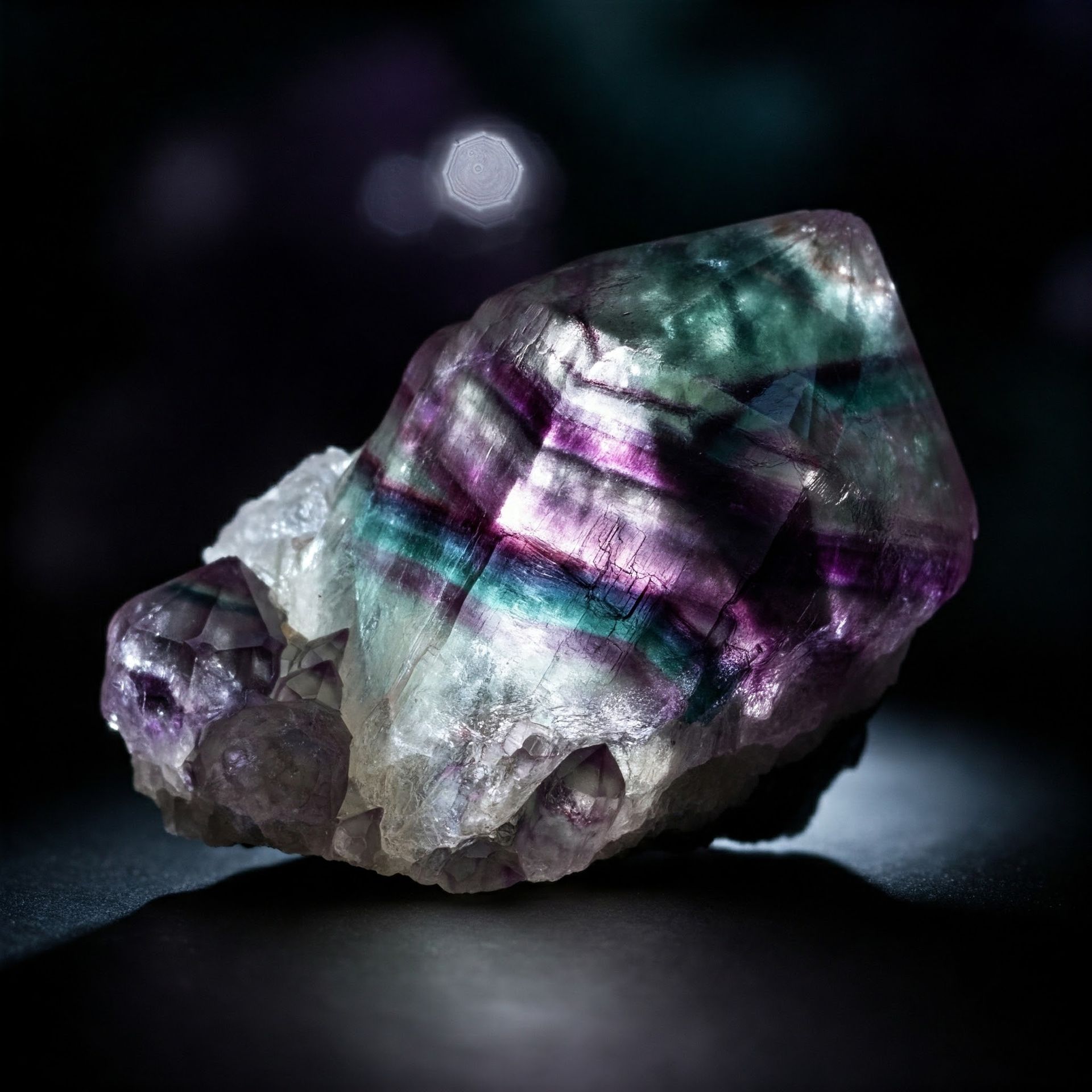 Multicolor fluorite crystal, showing bands of purple, green, and clear, resting on a dark surface.