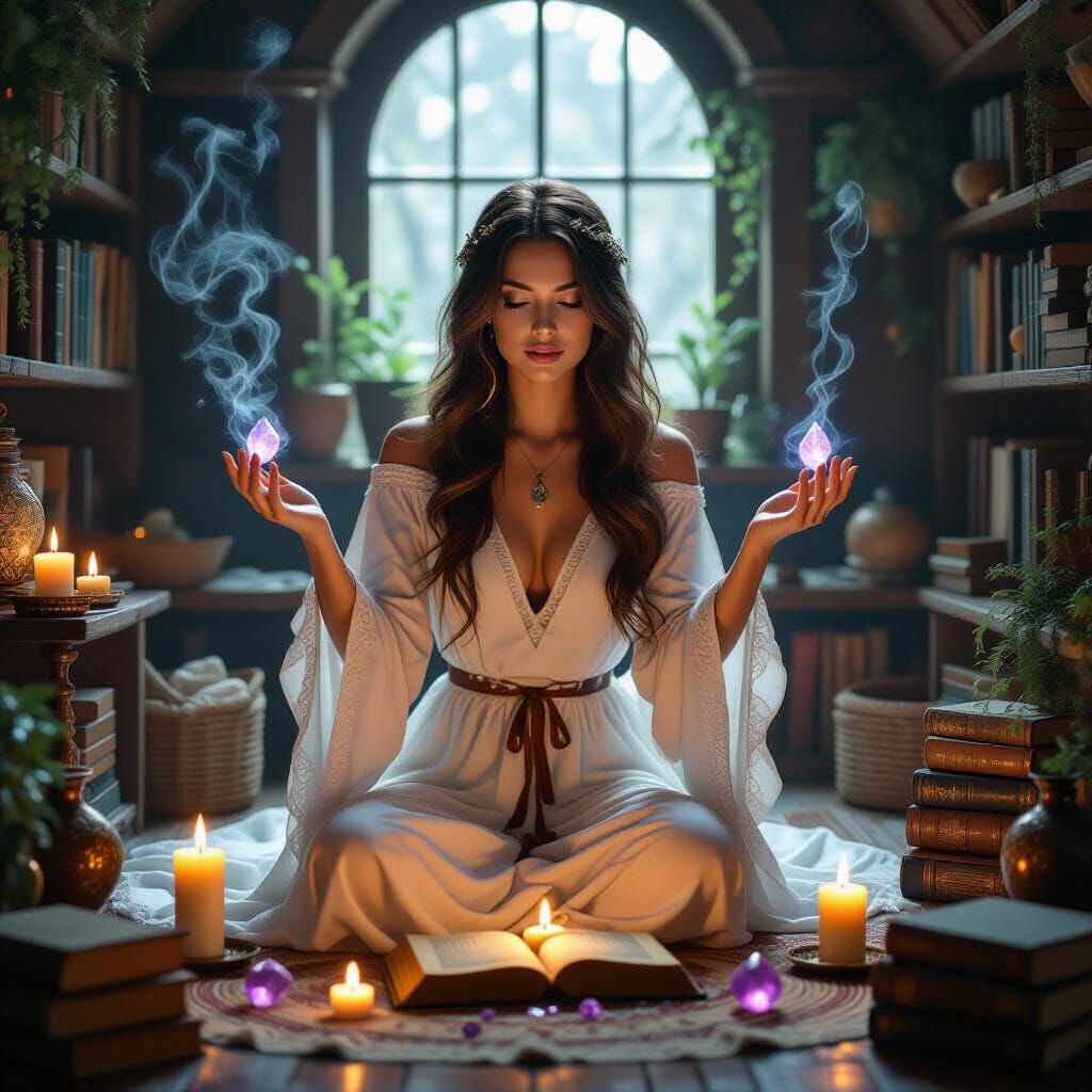 Woman in white dress meditates with glowing crystals in a library, candles lit.