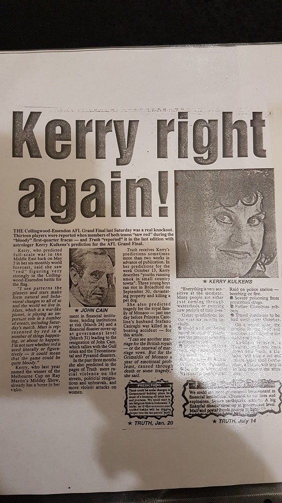 A newspaper article about Kerry Kulkens™ predictions being right again 