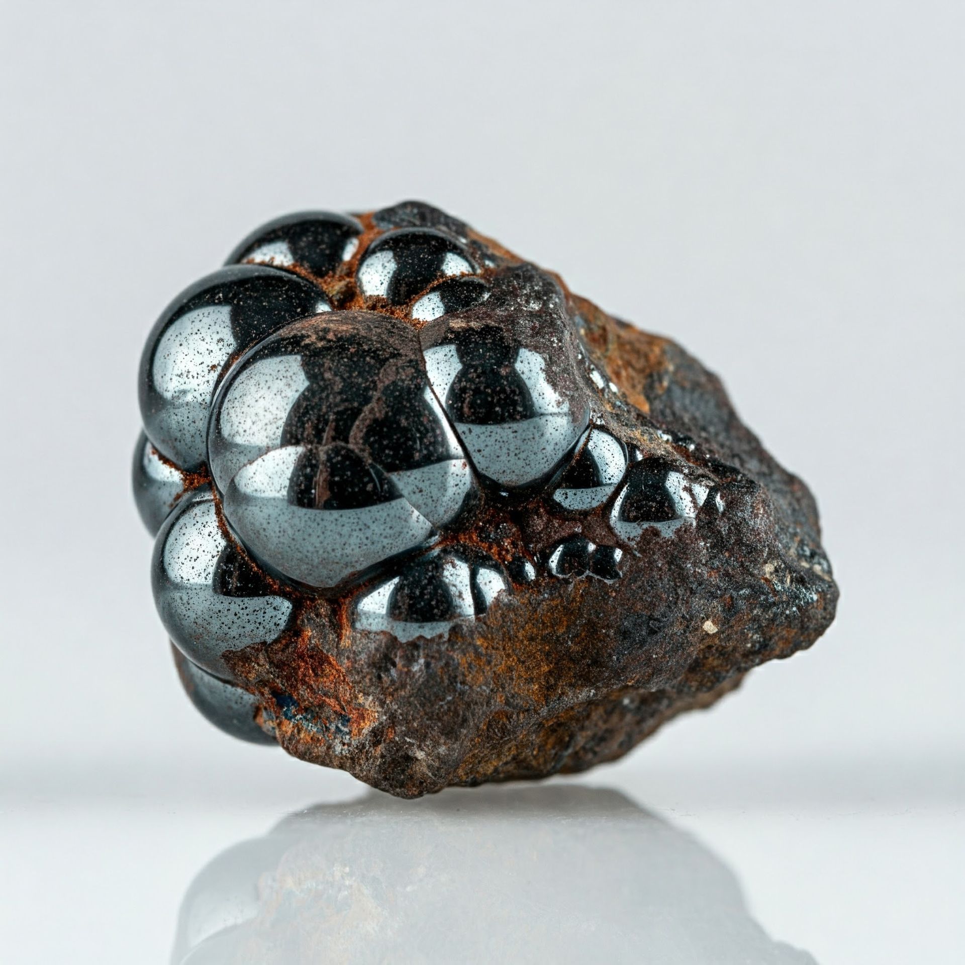 Dark, shiny, rounded hematite mineral specimen clustered on a reddish-brown matrix, reflecting light.