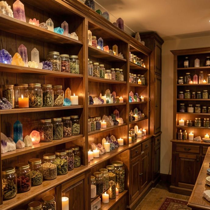 Warm-lit apothecary shelves filled with jars, candles, and colourful crystals along a narrow room