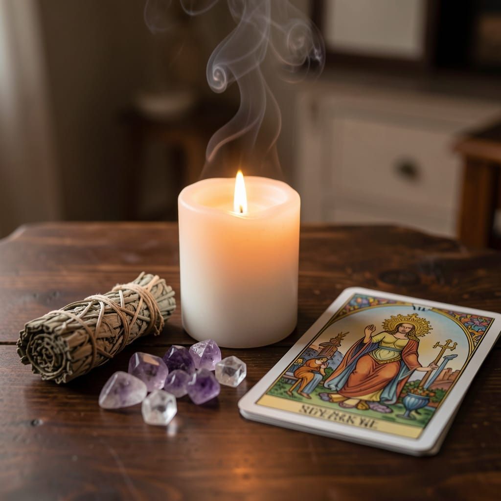Lit candle beside amethyst crystals, sage bundle, and tarot card on a wooden table