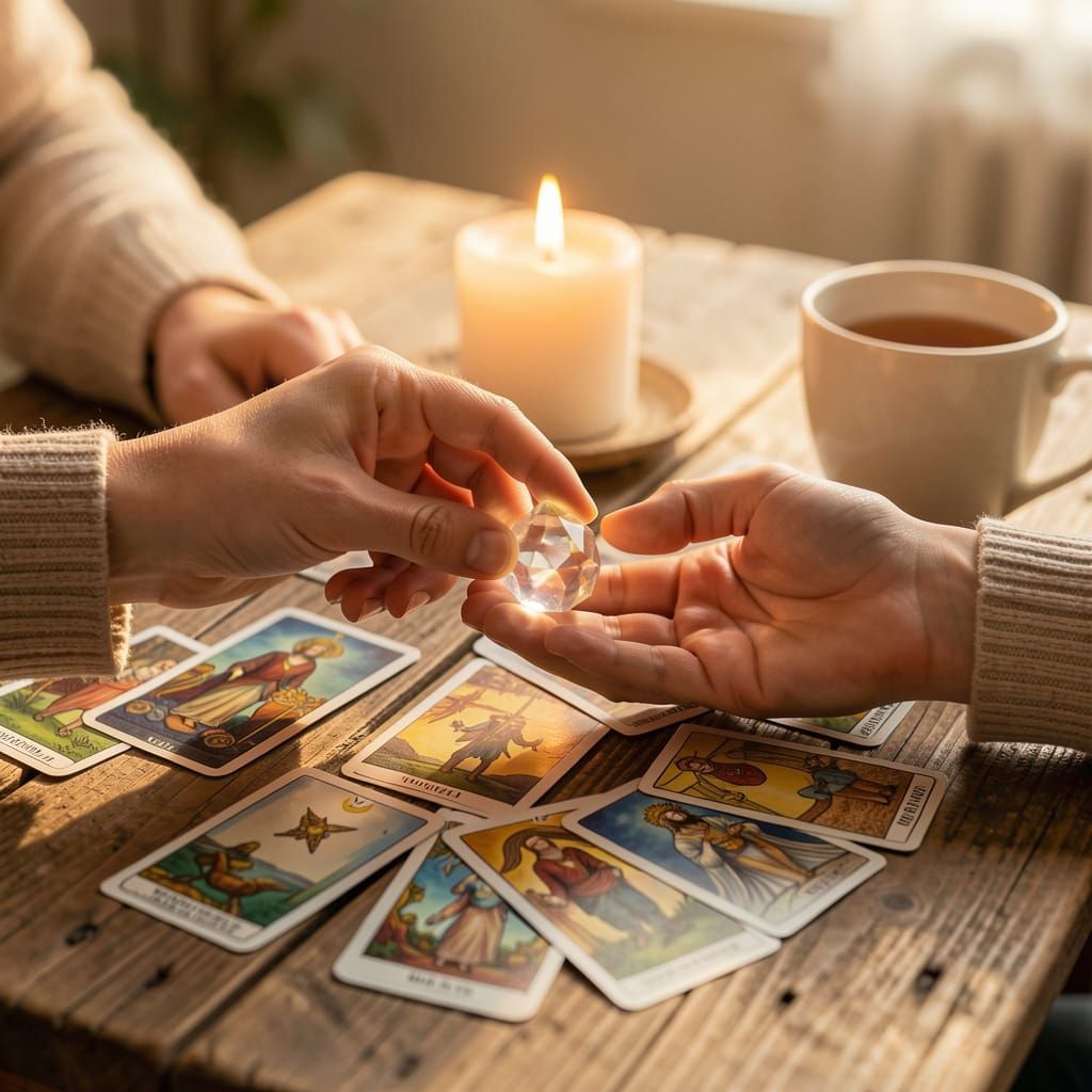 Hands exchanging a crystal over tarot cards by candlelight on a wooden table
