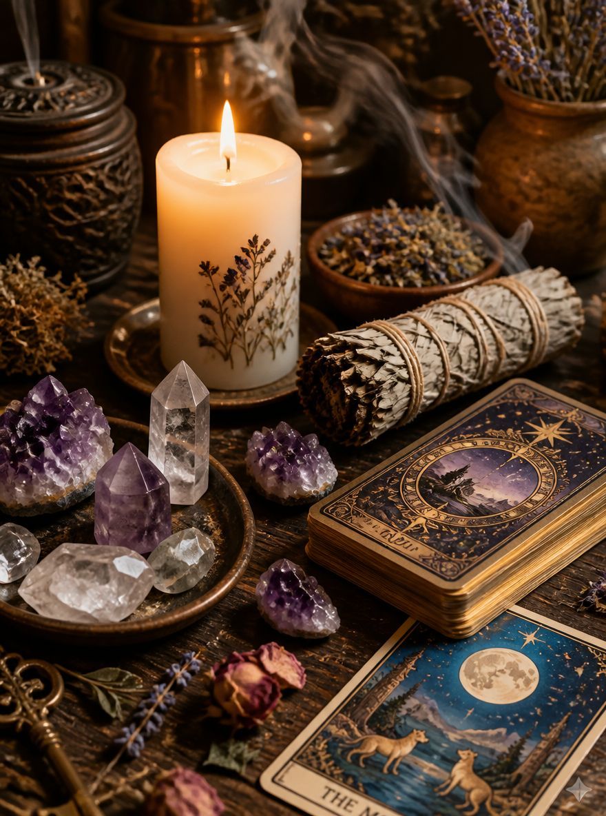 Candlelit witchcraft altar with crystals, herbs, tarot cards, and a spellbook