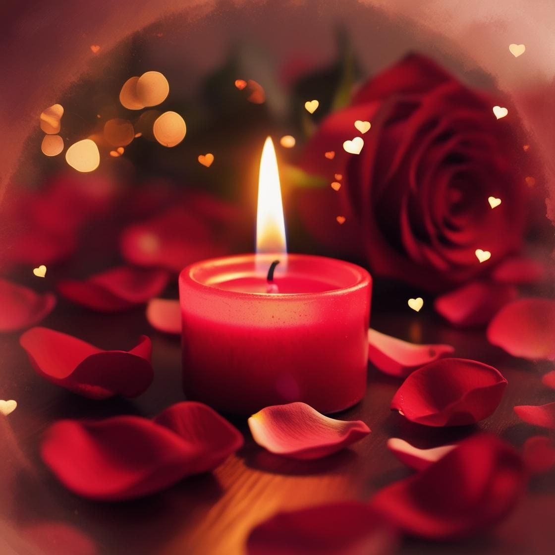 Red candle with a lit flame, red rose, and scattered petals. Romantic, soft focus.