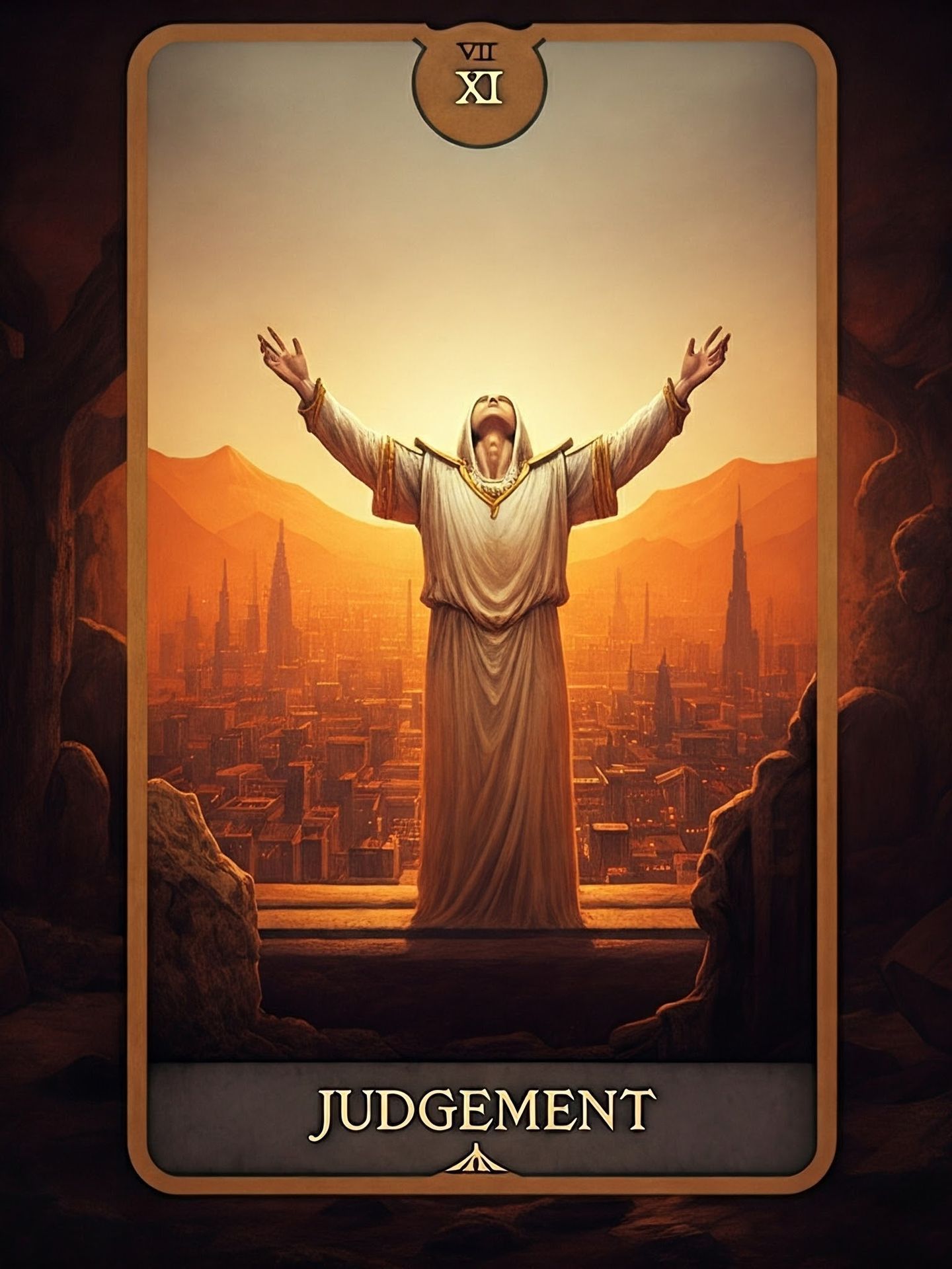 A robed figure with arms raised stands before a city skyline, bathed in a warm light. The Judgement tarot card.