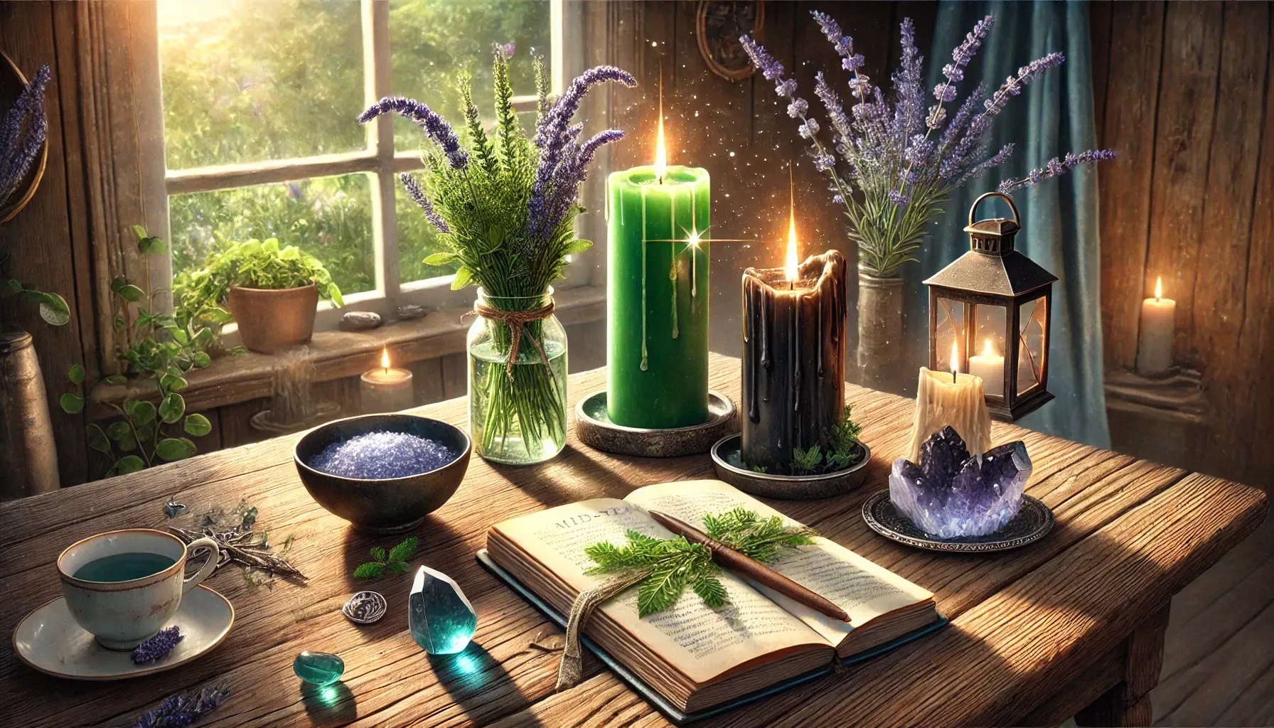 A wooden table with candles , flowers , and a book on it.