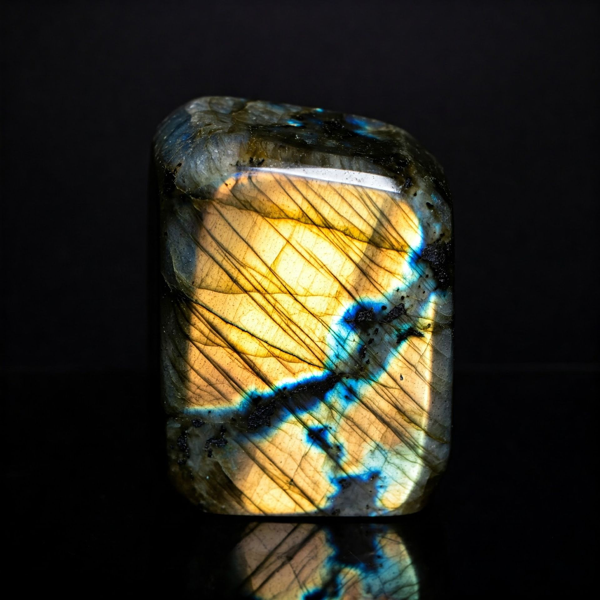 A polished labradorite stone displaying iridescent blue and gold flashes against a black background.