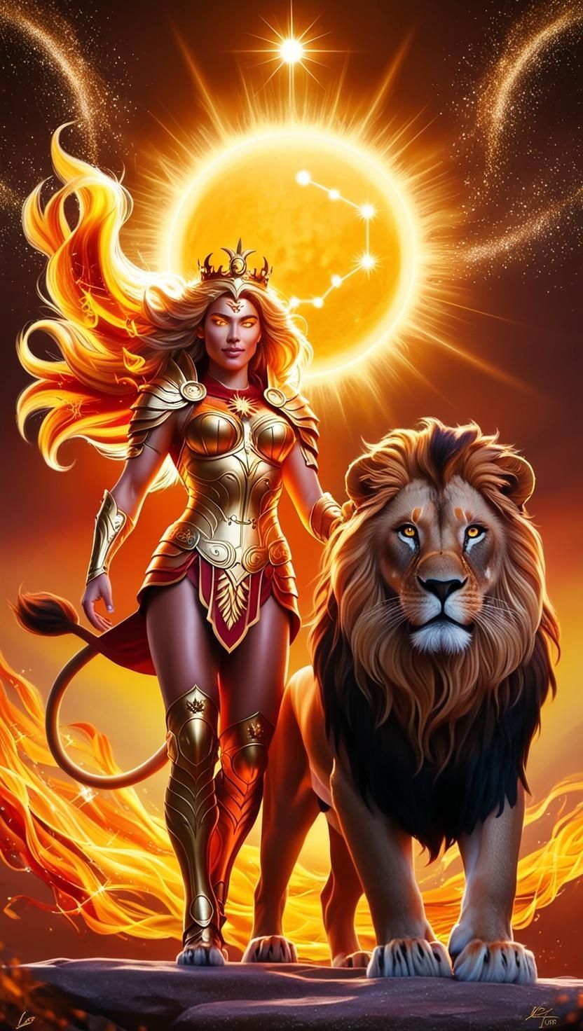 A woman is standing next to a lion in front of the sun.
