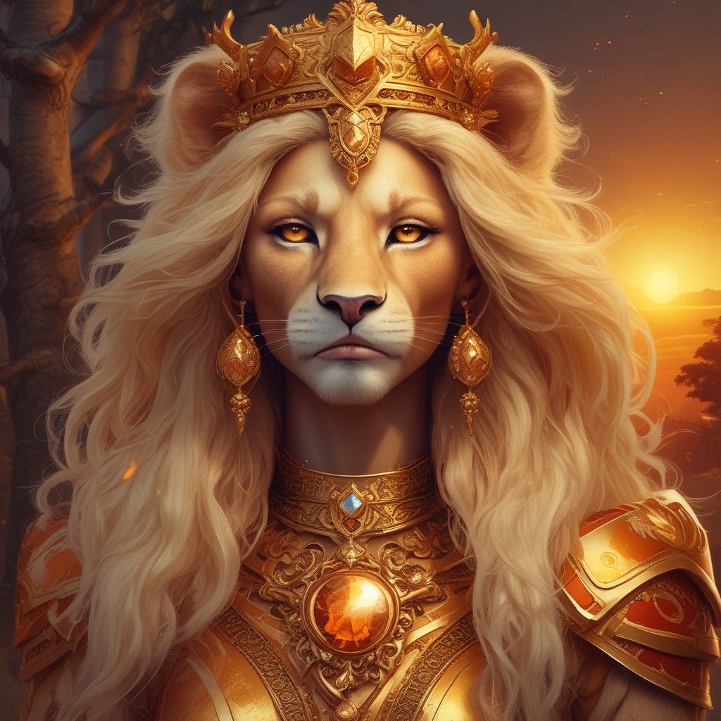 A painting of a lion wearing a crown and armor