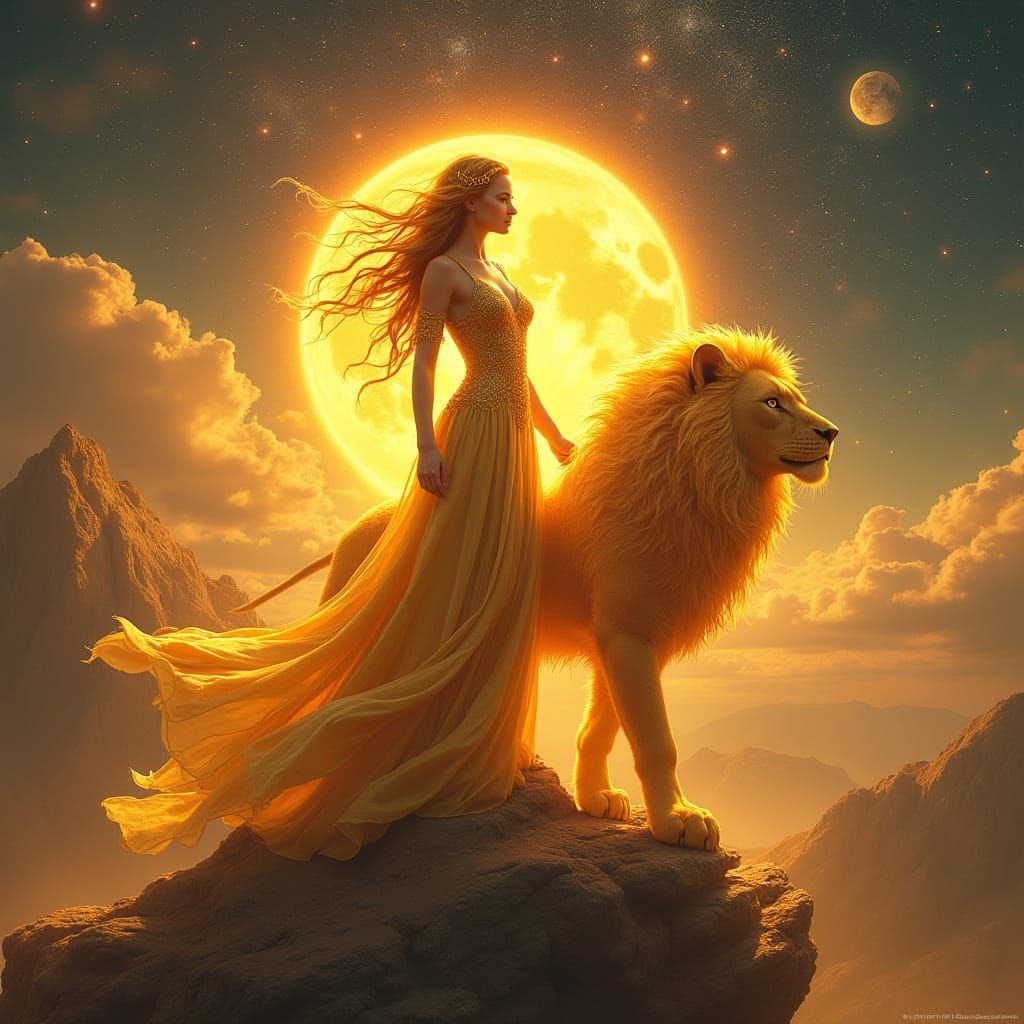 A woman in a long yellow dress is standing next to a lion.