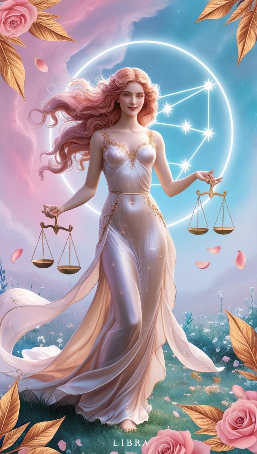 A woman in a white dress is holding a pair of scales.