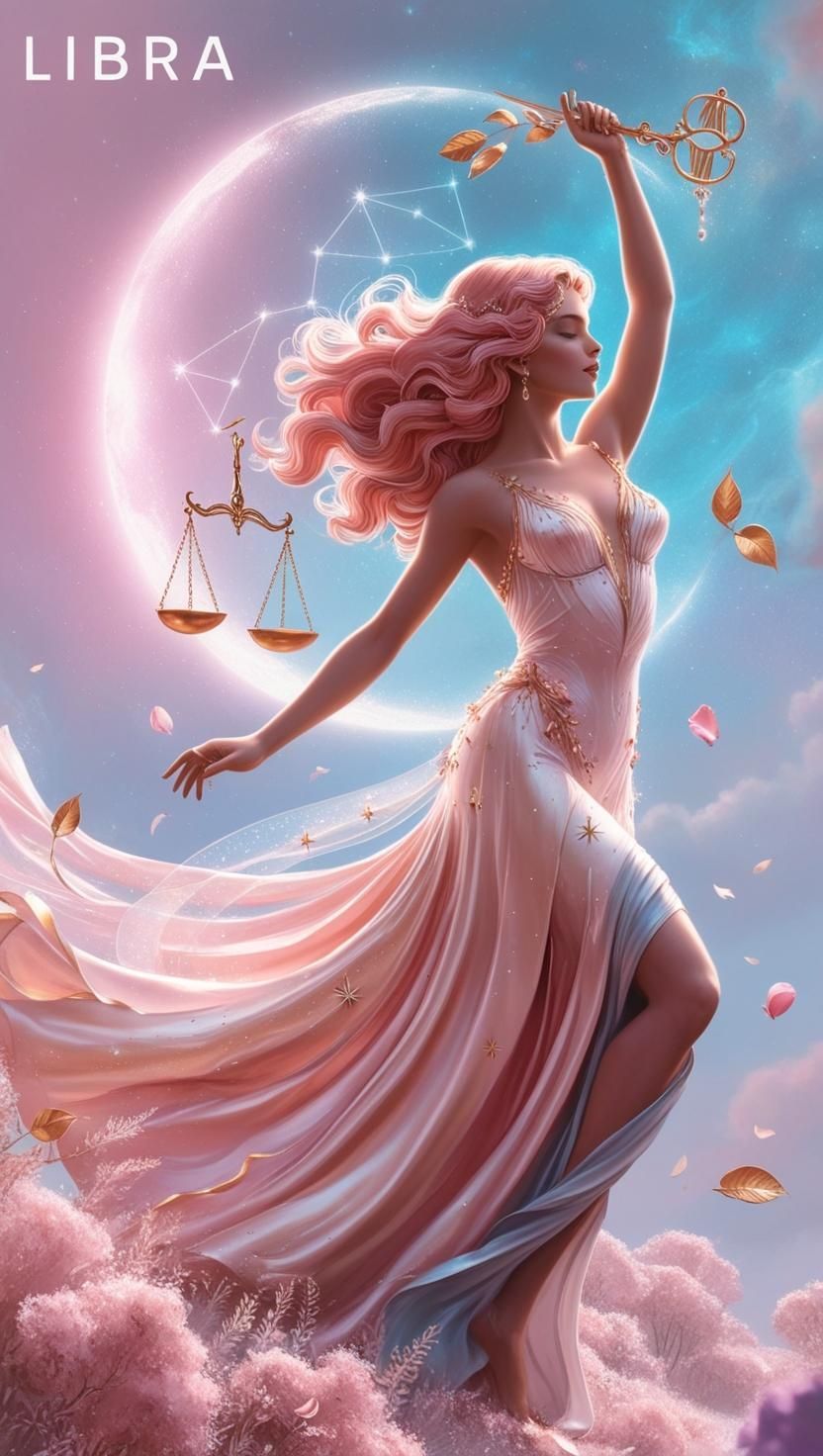 A woman in a long pink dress is holding a scale in front of a crescent moon.