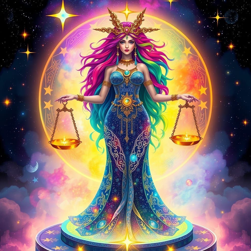 A pixel art of a woman in a blue dress holding scales.
