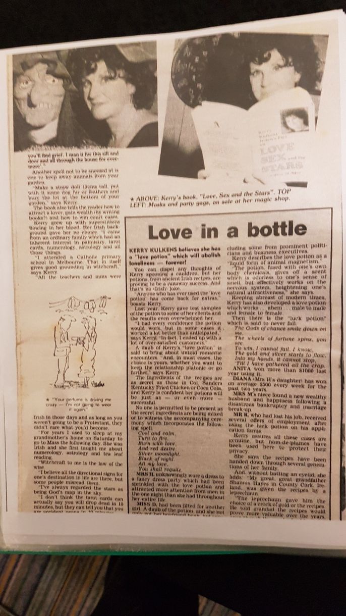 Vintage newspaper clipping with photos and article headline “Love in a bottle”