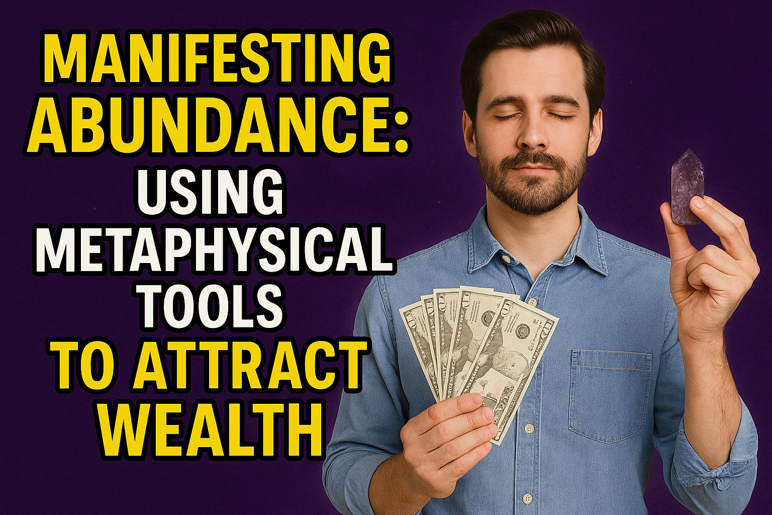 Man holding money and crystal, eyes closed. Title reads