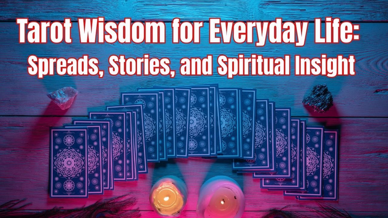 Tarot cards arranged with candles on a wooden table. Text: Tarot Wisdom for Everyday Life: Spreads, Stories, and Spiritual Insight.