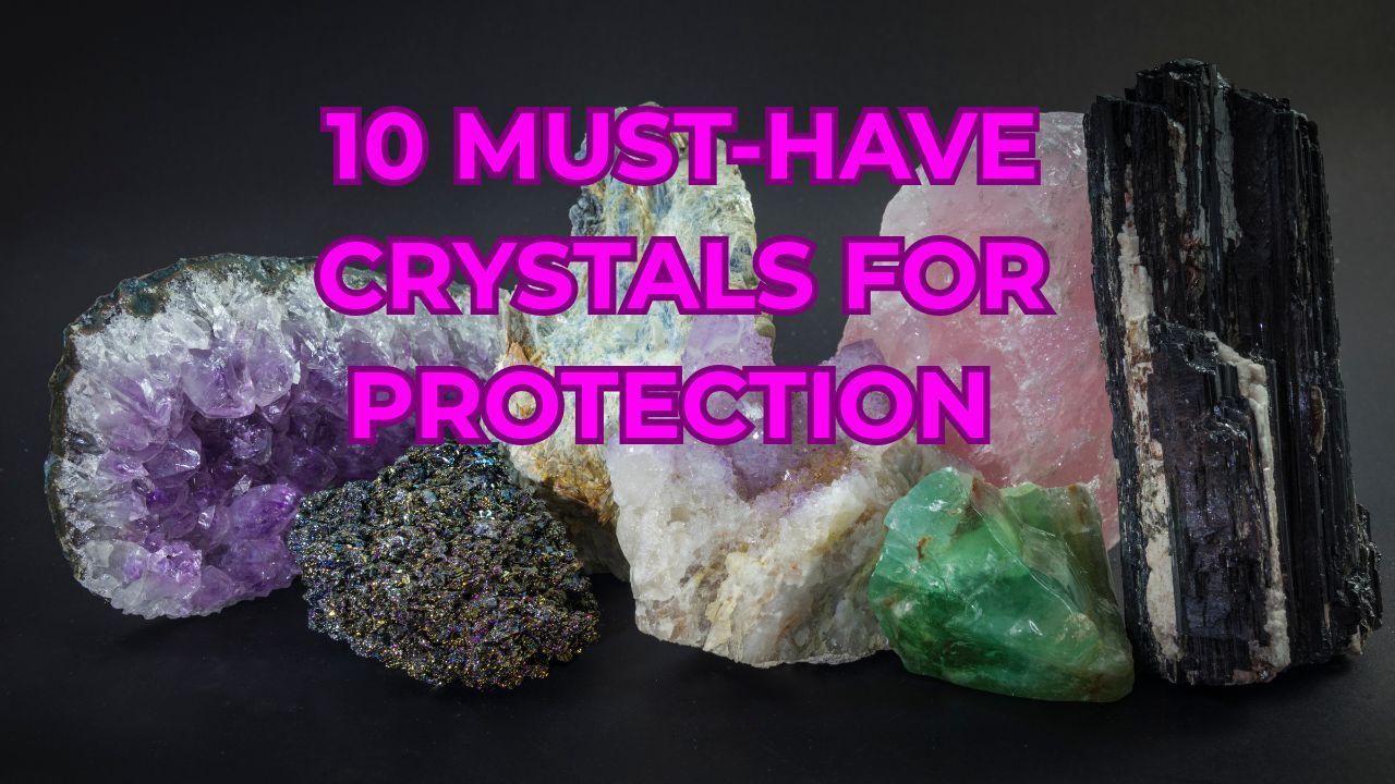 Crystals of various colors, text overlay reads 