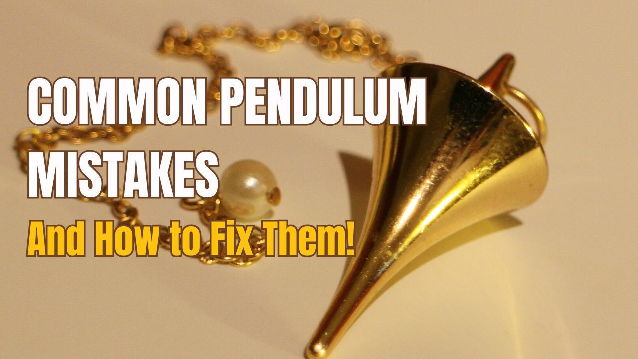 A gold pendulum with a chain, text overlay: 