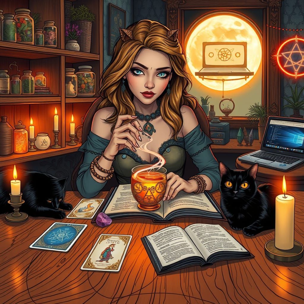 A witch sits at a table with black cats, tarot cards, and a bubbling potion. She gazes at the potion, with a laptop and candles around her.