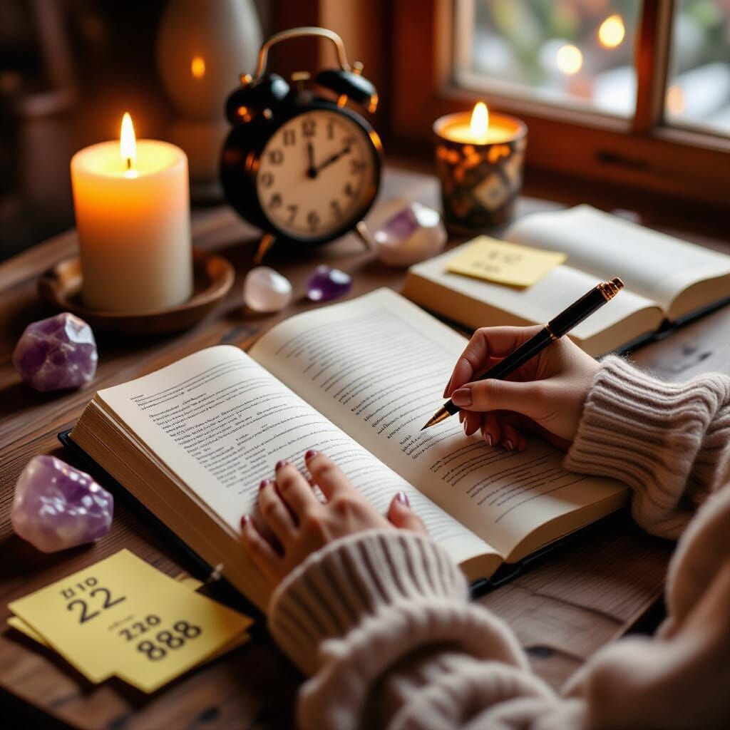 A person is writing in a book with a clock and candles in the background
