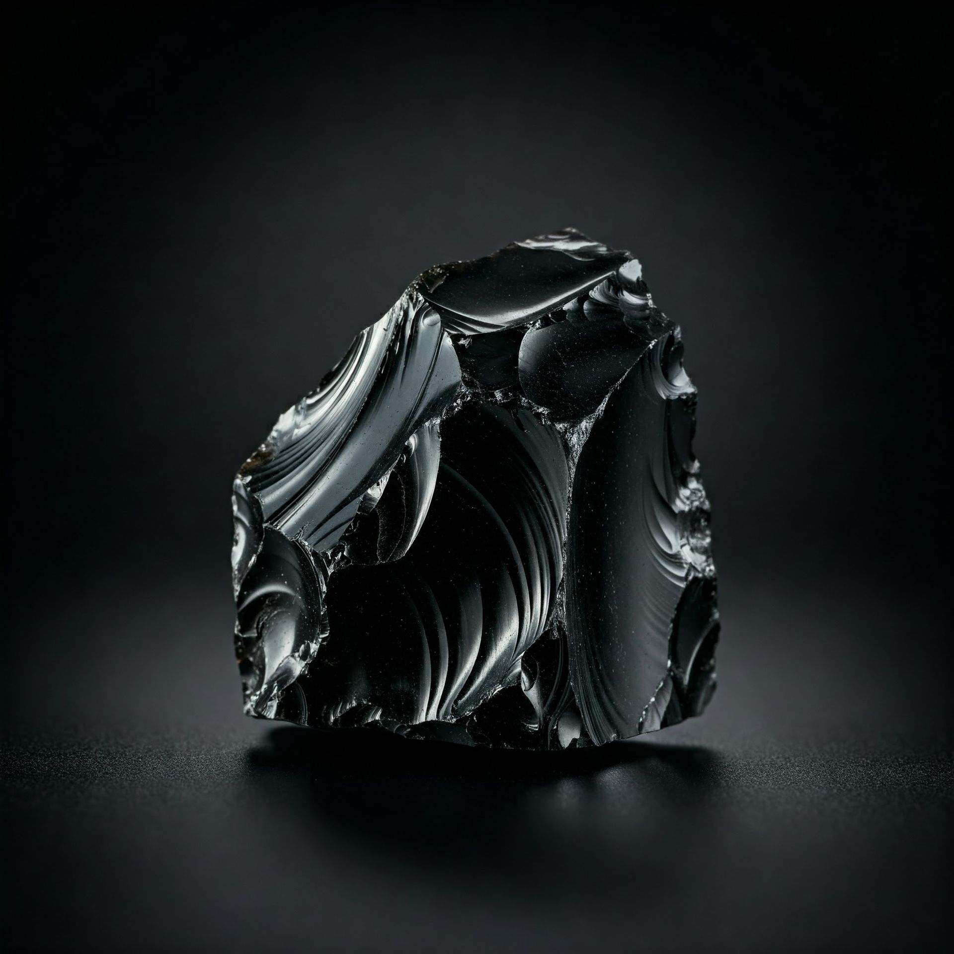 Black obsidian rock with a glossy, reflective surface against a dark background.