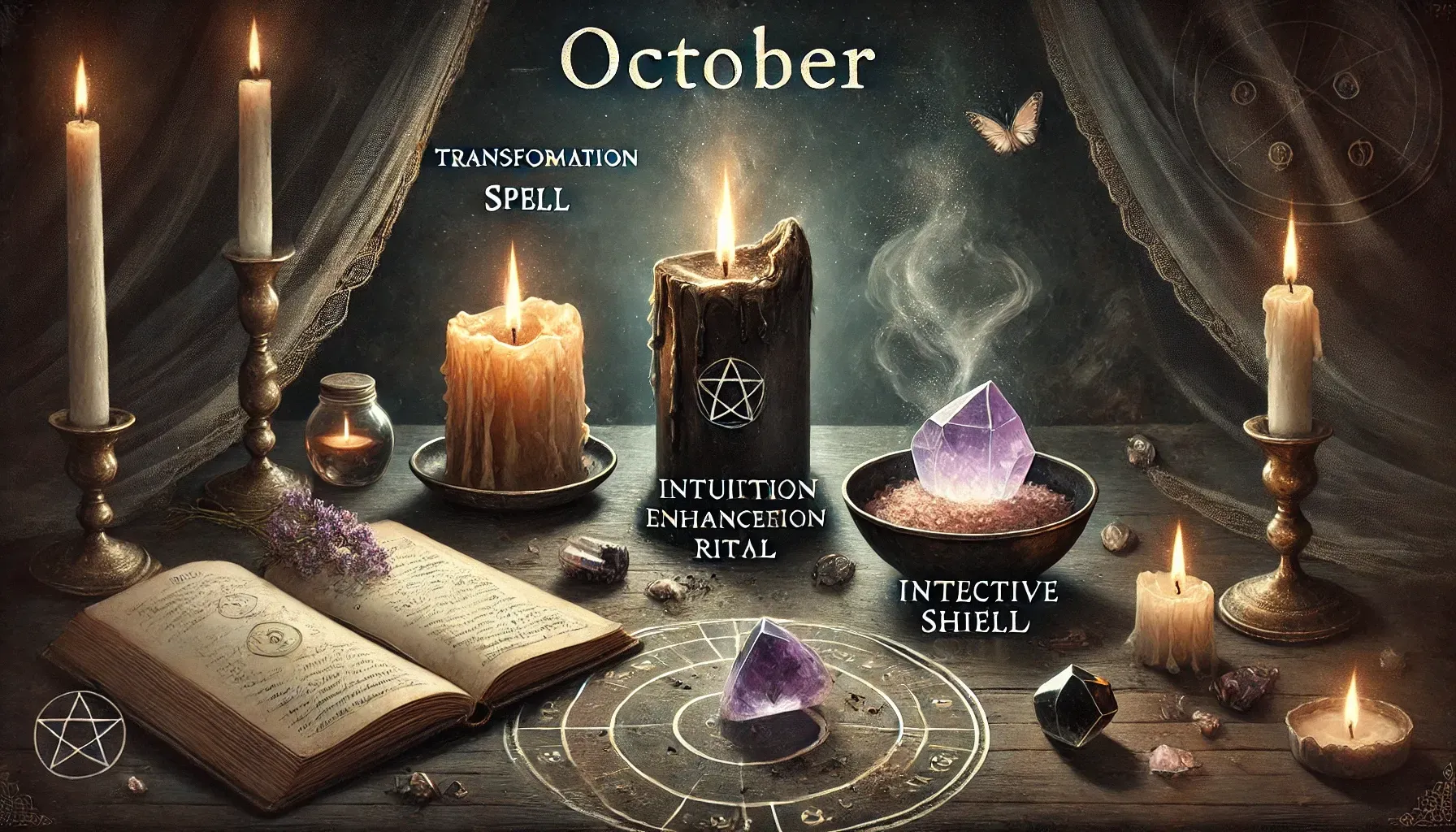 A mystical October scene: Candles, books, crystals, and a central spell-casting table with a transformation theme.