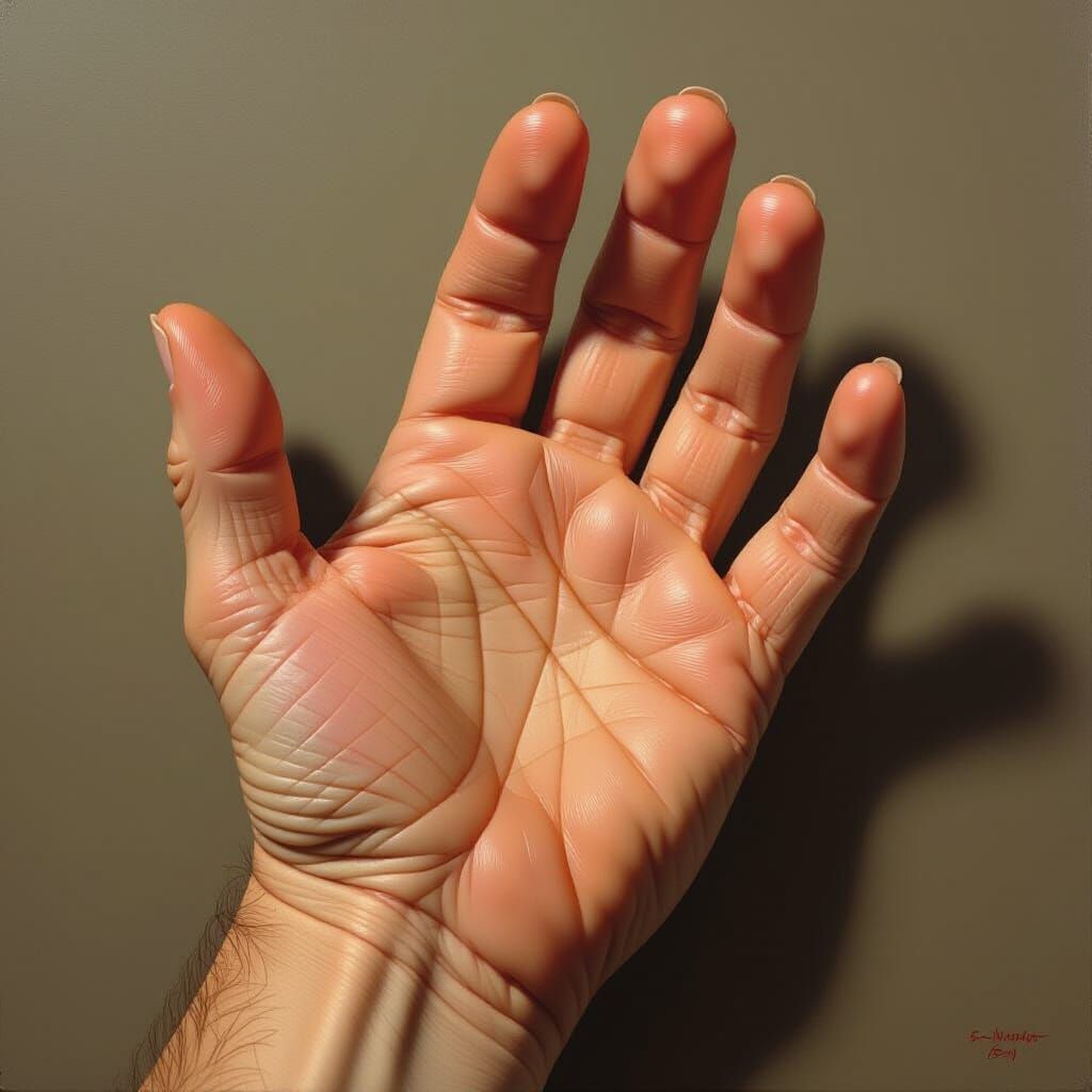 Palm of a hand, reaching up, with visible lines and wrinkles against a gray-brown background; the hand appears slightly sweaty with light highlighting.