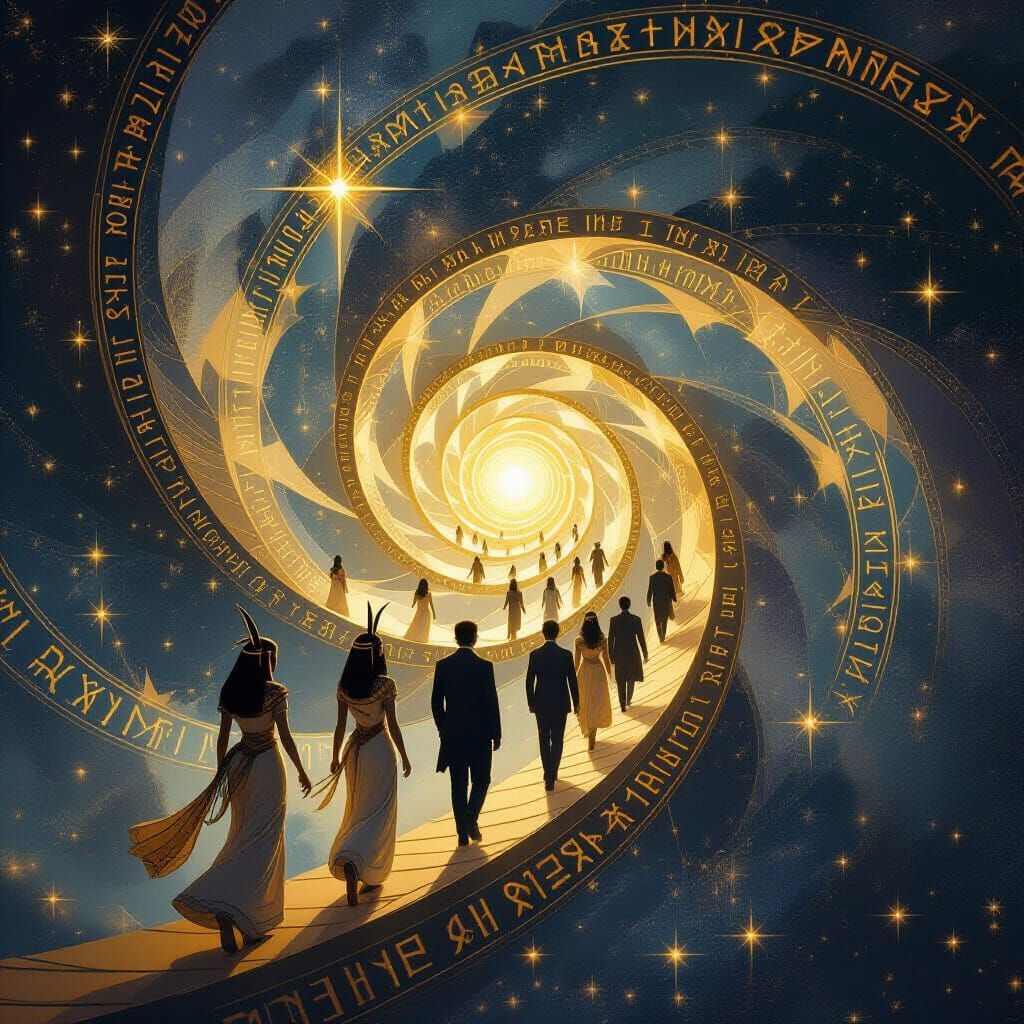 A group of people are walking through a swirl with arabic writing on it