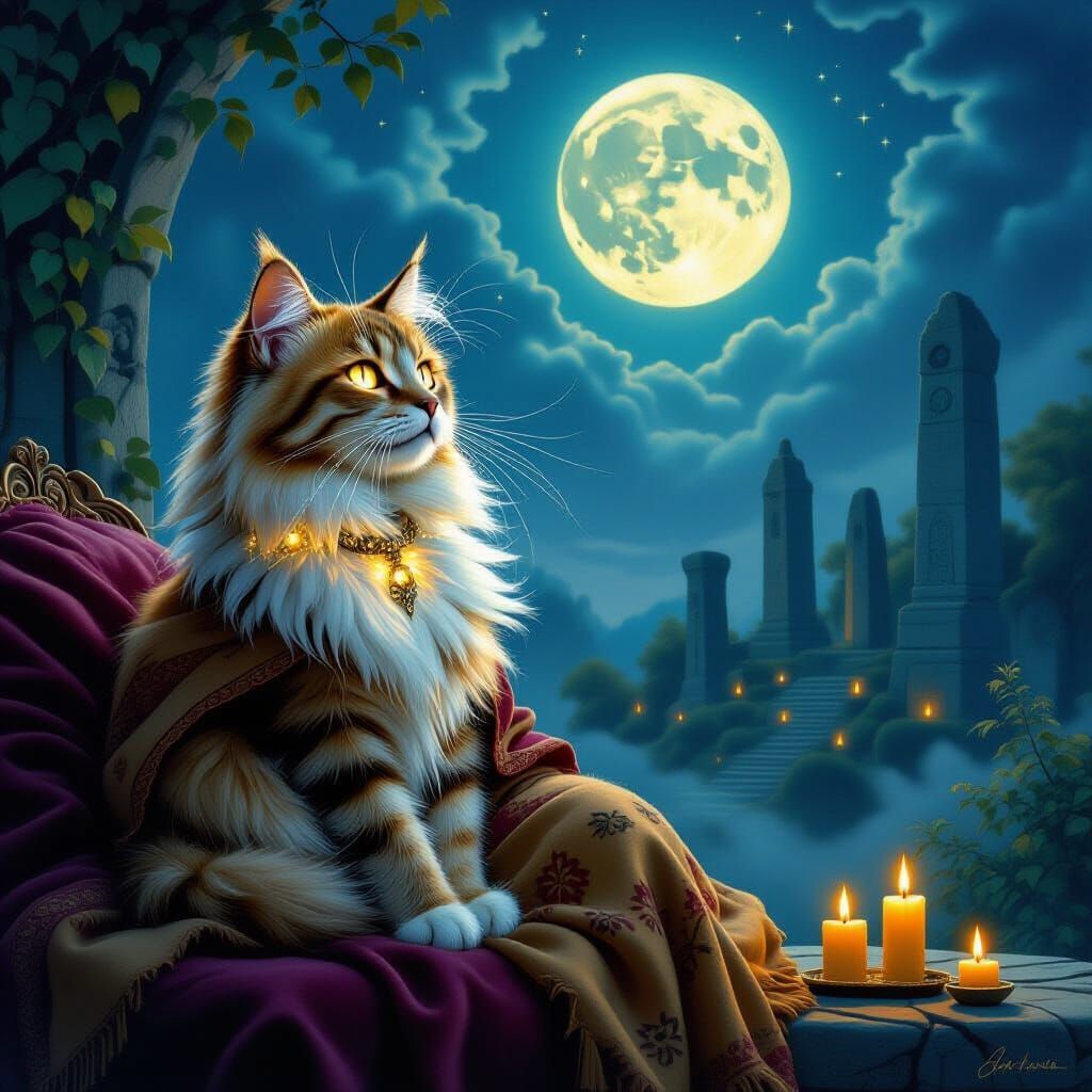 A cat is sitting on a chair in front of a full moon