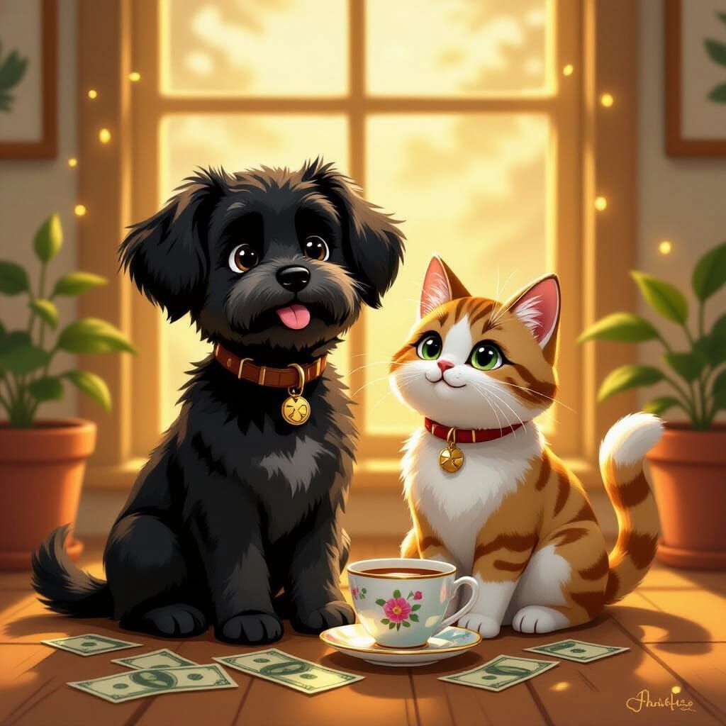 A dog and a cat are sitting next to each other with a cup of coffee.